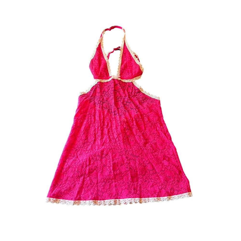Victoria's Secret Babydoll Hot Pink Floral Lace Halter Chemise Bow Trim S/P